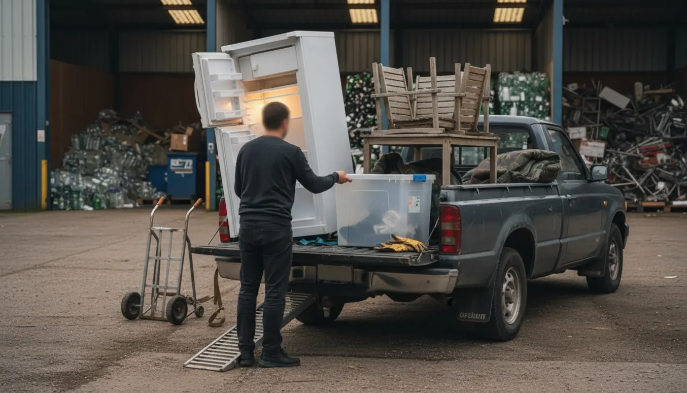Person læsser et køle- og fryseskab, en stor plastkasse og et lille havebordssæt på en pickup ved genbrugspladsen.