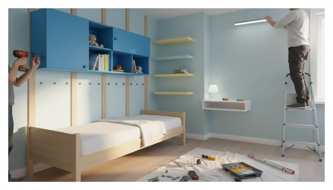 Børneværelse efter maling med seng fastskruet i vægbjælker, monteret blåt skab, hylder og ny LED-loftslampe.
