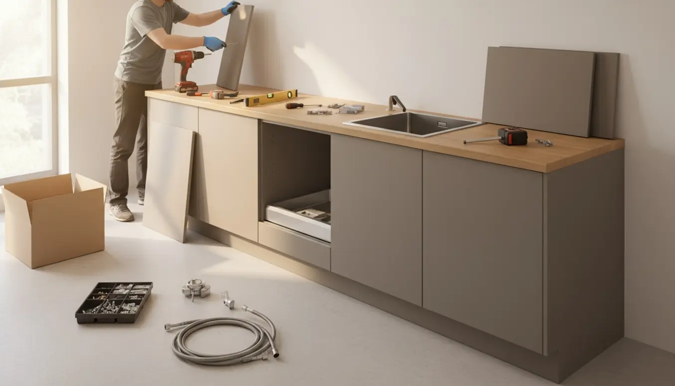 Halvt opsat køkken med seks moduler, 3,8 cm bordplade og nedfældet vask, værktøj og låger klar til montering.