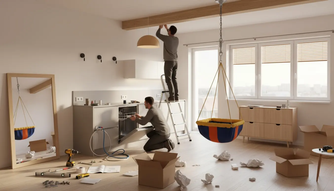 Installatører monterer lamper, persienner, hylder og en sansegynge i en lys lejlighed med værktøj og åbnede flyttekasser.