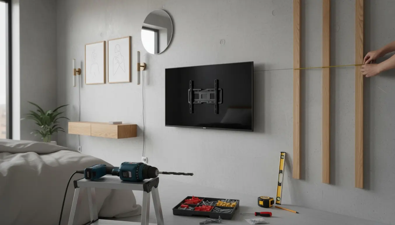 Værktøj og halvfærdig montage af TV, spejl, billeder og trævanger på en betonvæg i et lyst, moderne rum.