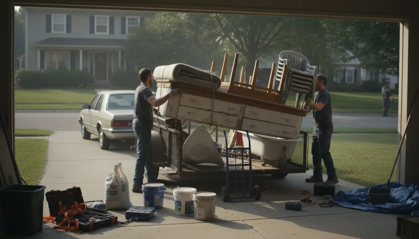 To personer læsser gamle møbler, seng, toilet og malerbøtter fra en carport ind på en trailer.