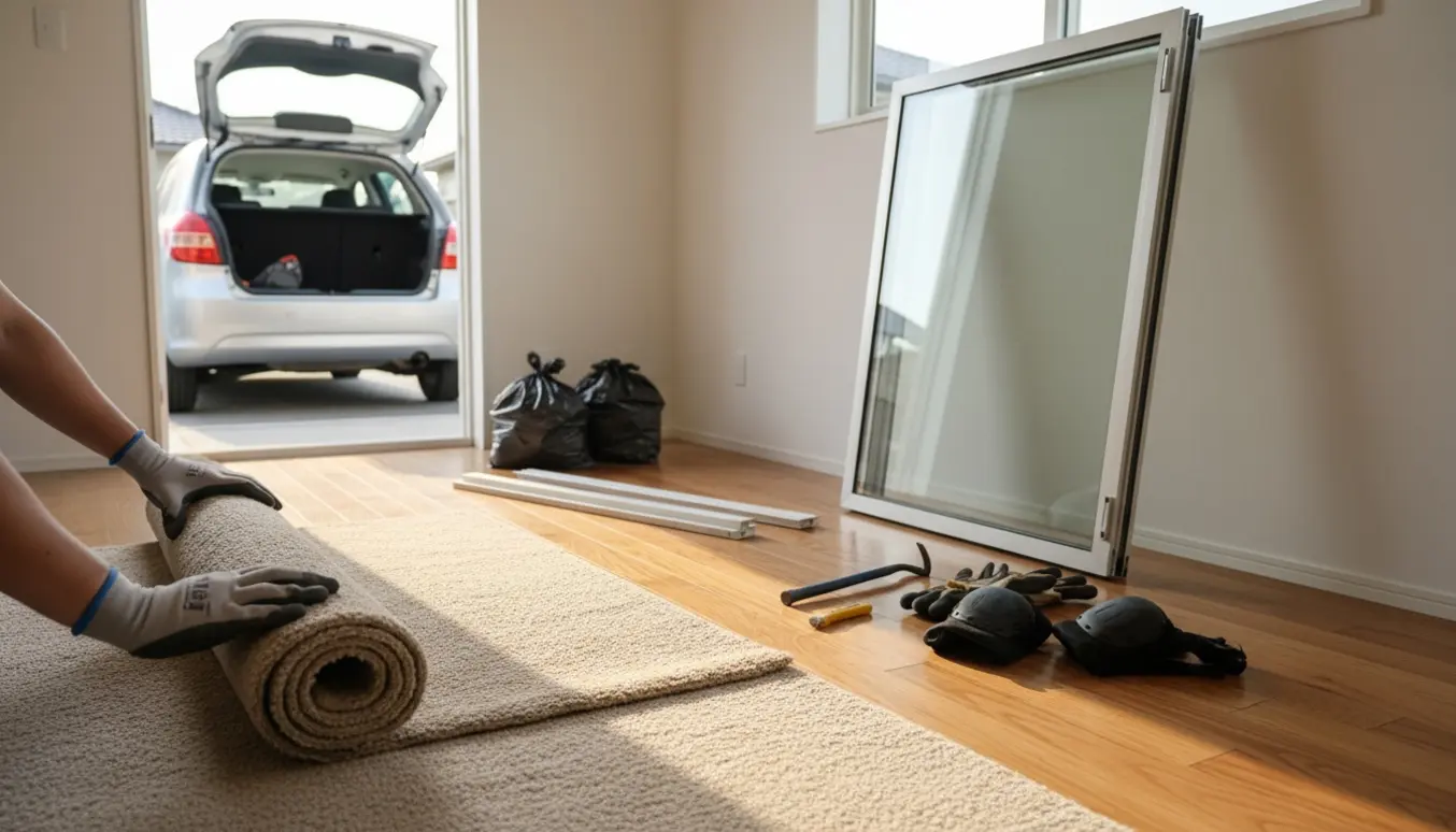 Rullet væg-til-væg-tæppe og en afmonteret skydedør ved siden af en åben bil med små sække affald klar til bortkørsel.