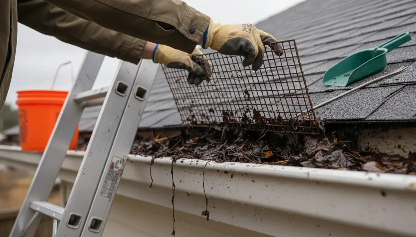 Hænder løfter en metalrist for at fjerne blade og mudder fra en tagrende.