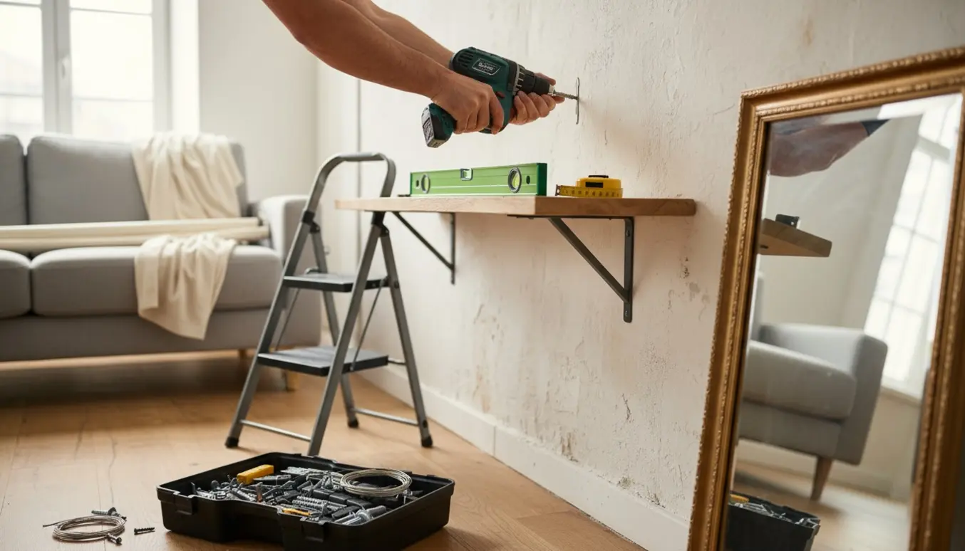 Hænder monterer en reol og forbereder ophæng af spejle og billeder i en lys stue med værktøj og materialer.