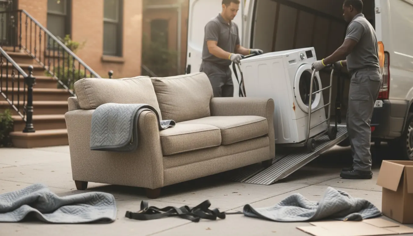 Stor sofa og defekt vaskemaskine læsset på varevogn ved kantsten, klar til bortskaffelse.