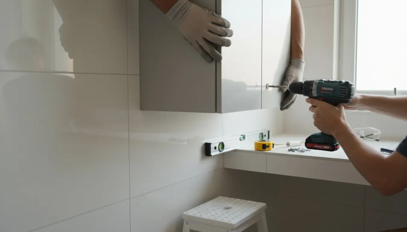 Hænder monterer et badeværelsesskab på fliser med boremaskine, vaterpas og målebånd.