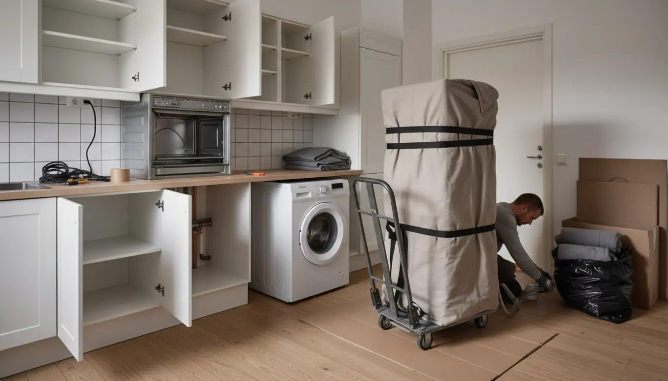 Tekniker pakker hvidevarer ned og fjerner køkkenelementer i en lys, lille lejlighed på cirka 50 kvm.