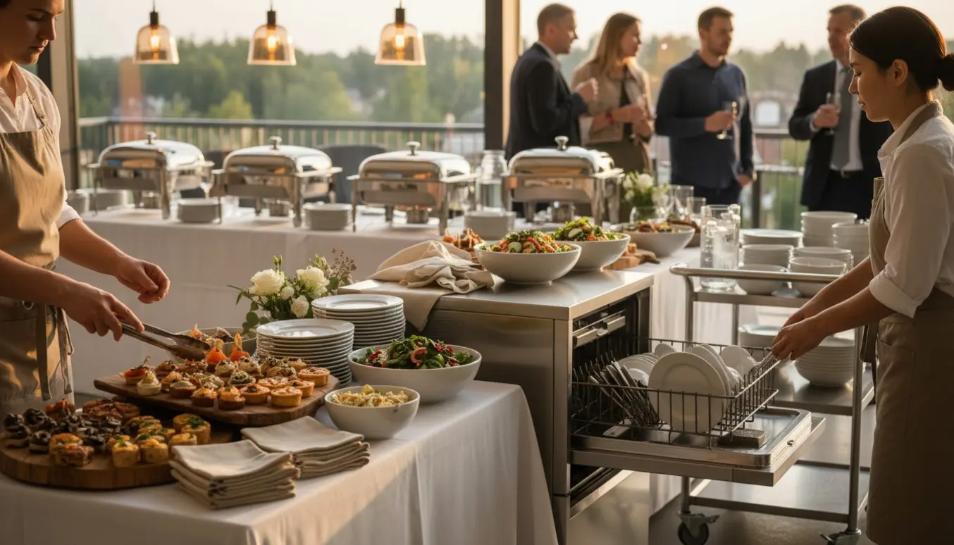 Hænder fylder på en buffet og læsser tallerkener i en opvaskemaskine i et hyggeligt receptionslokale.