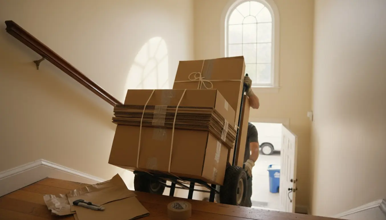 Foldede papkasser bundet på en trappetransportvogn i en lys opgang klar til afhentning efter flytning.