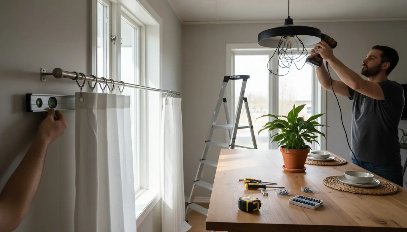 Hænder monterer en loftslampe og opsætter en gardinstang over et spisebord i en moderne spisestue.