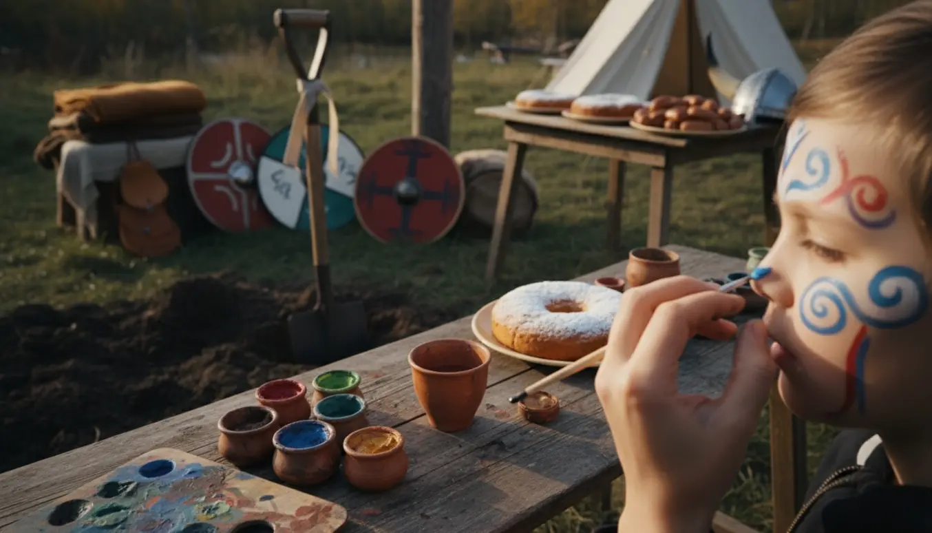 Ansigtsmaler maler et barn som viking ved første spadestik med vikingerekvisitter og kagebord i baggrunden.