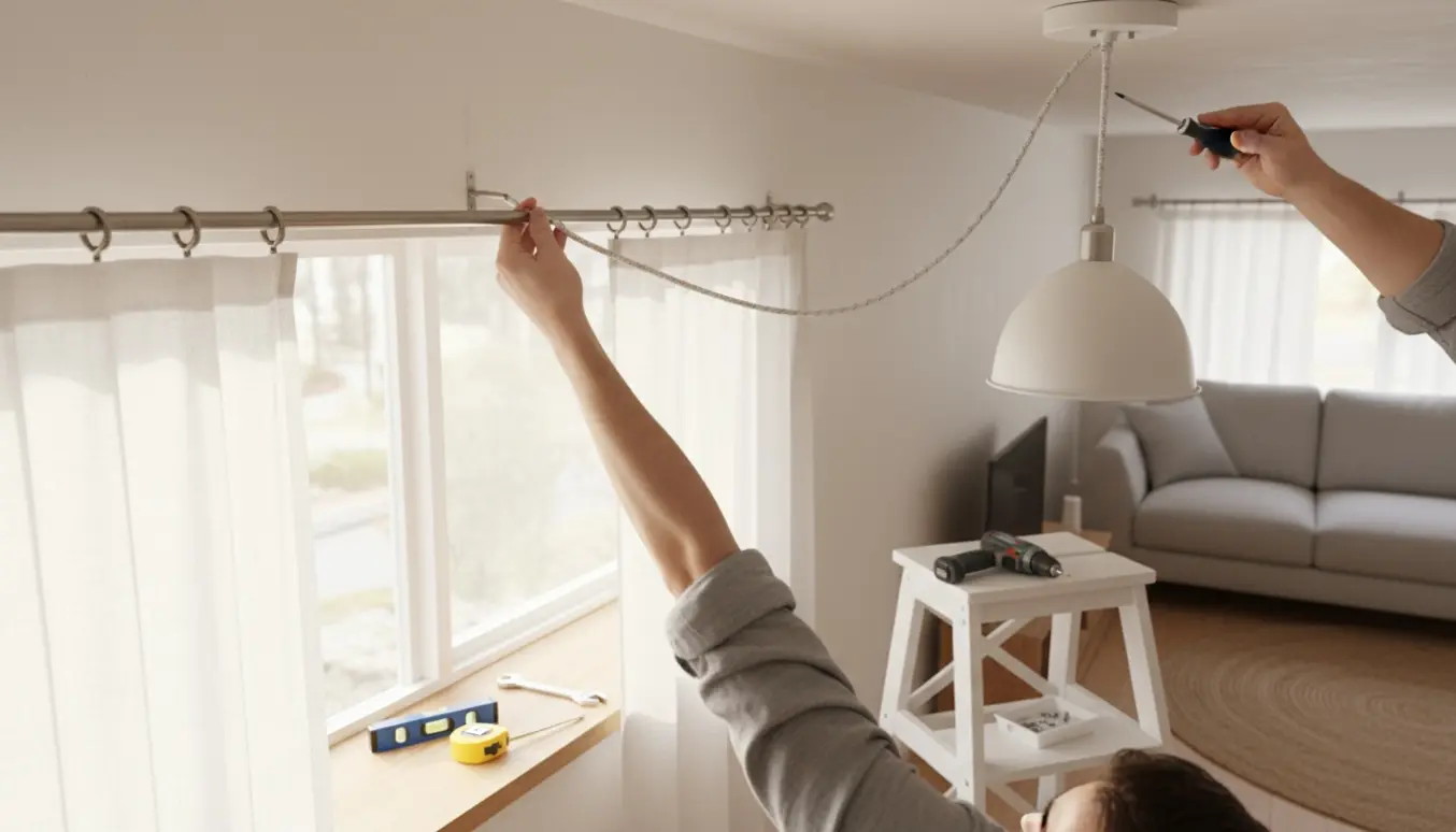 Nærbillede af hænder, der monterer en pendel og justerer en enkel gardinstang ved et vindue.