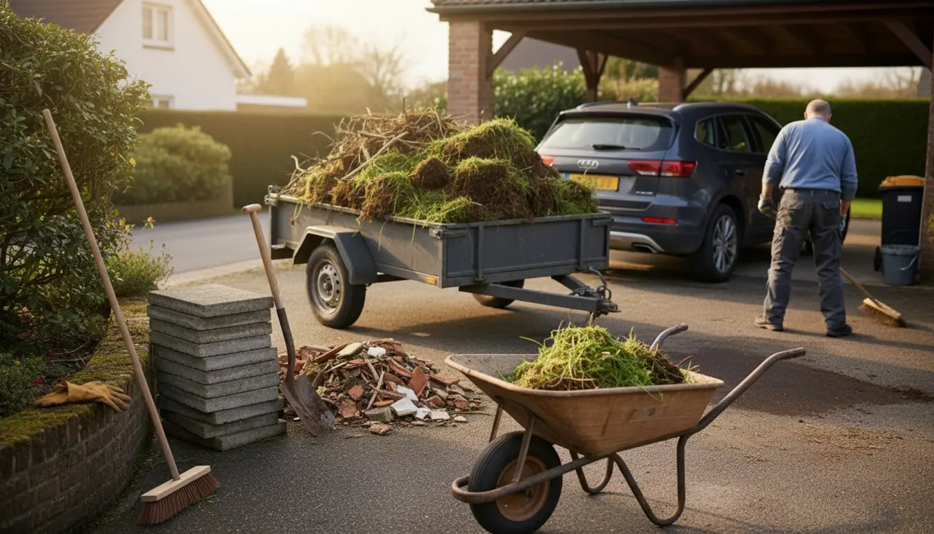 Trailer ved indkørsel og carport med bunke haveaffald og stabler af fliser under oprydning.