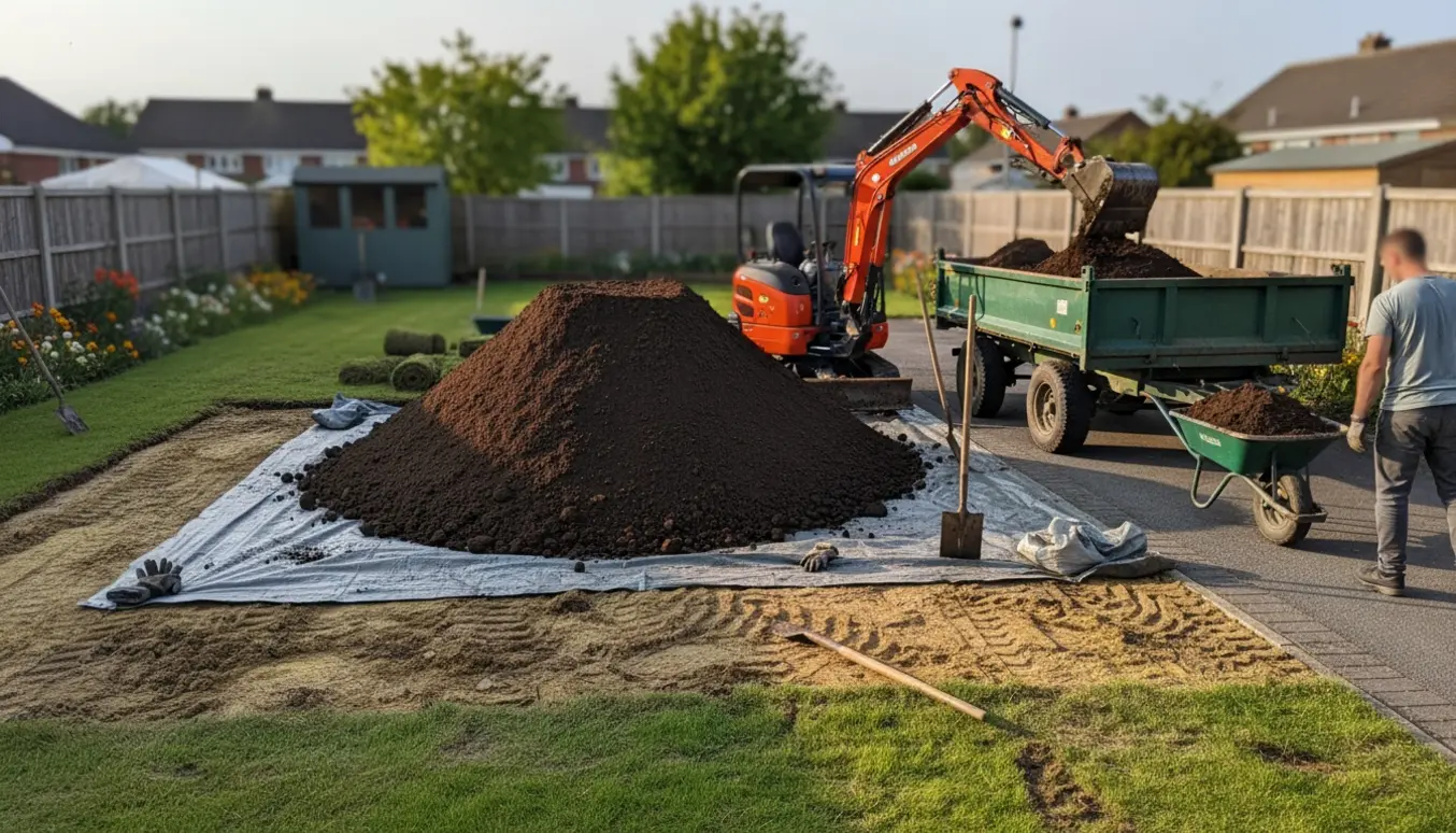 Stor bunke udgravet jord bliver læsset i en åben container i en parcelhushave.