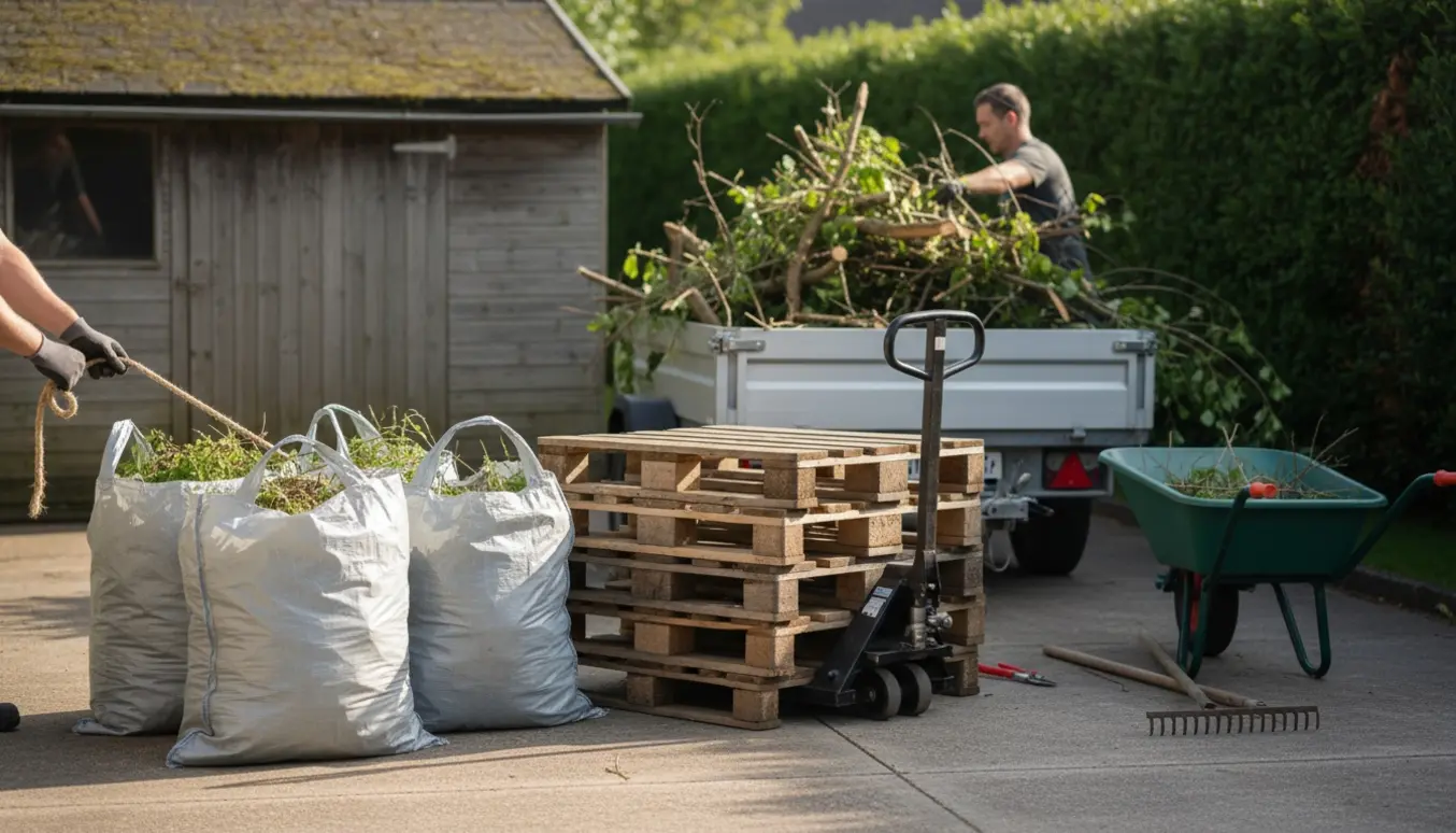 Stor bunke haveaffald og stabler af europaller ved indkørsel klar til afhentning.