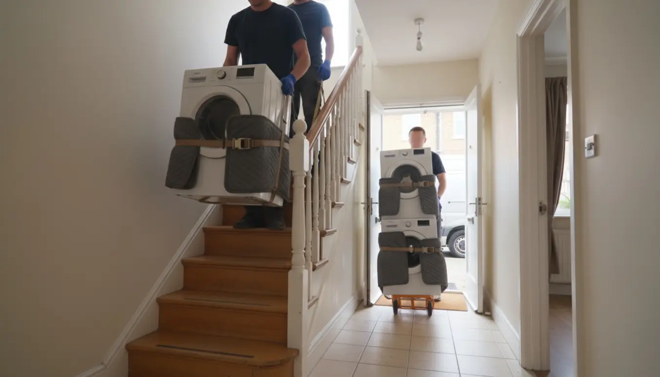 Flytning af vaskemaskiner og tørretumbler op og ned ad trappen i et rækkehus med flyttetæpper og dolly.