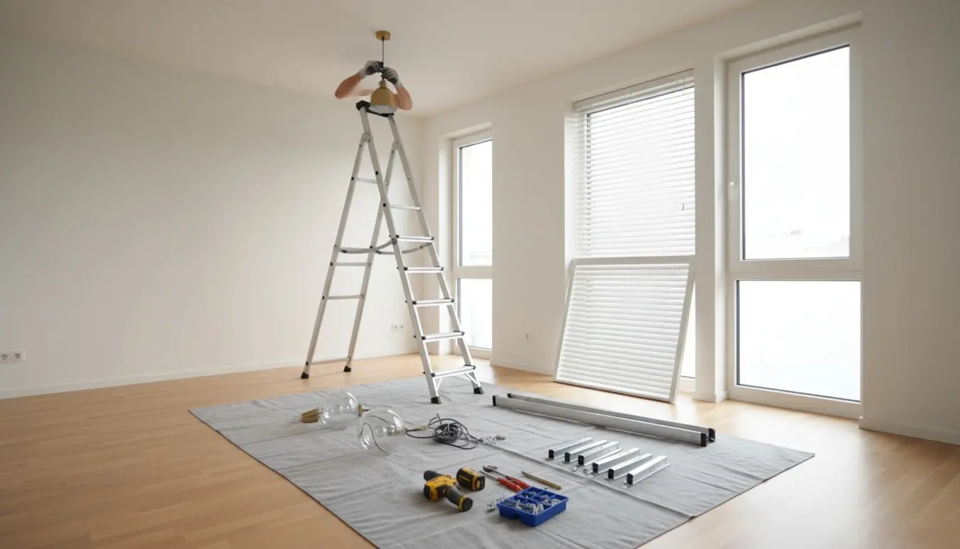 Hænder på en stige fjerner en loftslampe og tager persienner ned i en lys lejlighed.