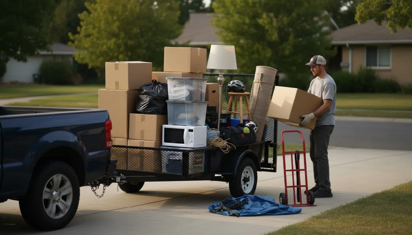 En person læsser småting og poser i en åben trailer foran en indkørsel i blødt eftermiddagslys.