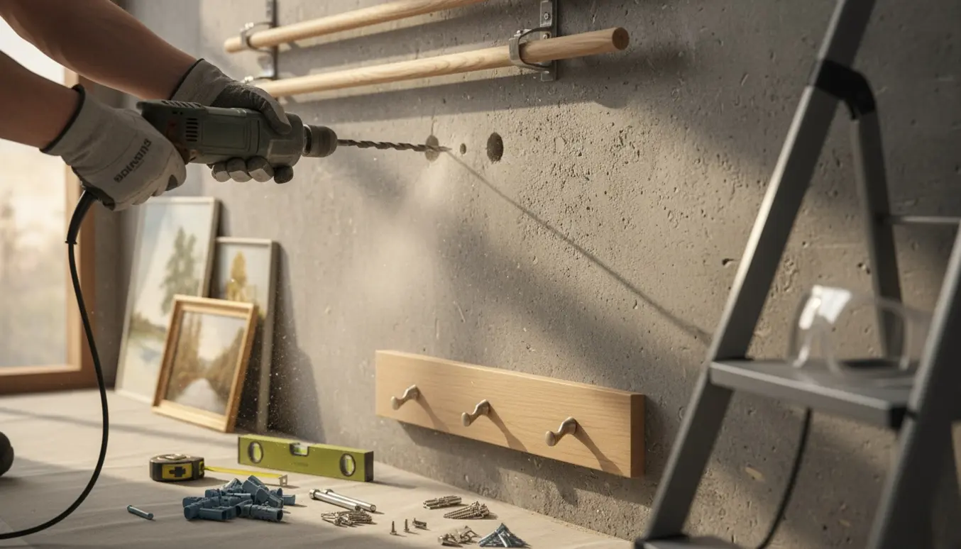 Nærbillede af hænder, der borer i hård beton for at montere gardinstænger, en knagerække og malerier.