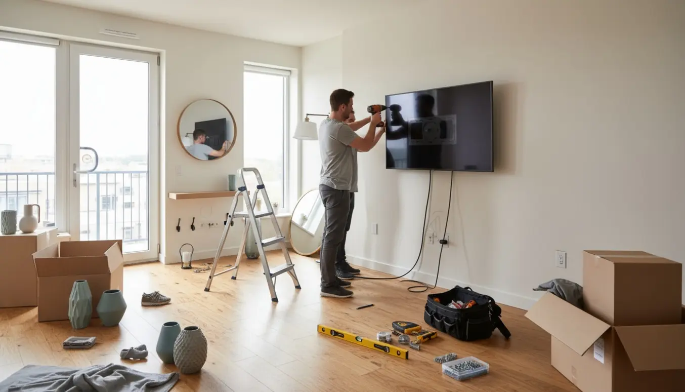 Håndværker monterer tv, hylder og spejl i en nyindflyttet lejlighed med flyttekasser og børnesikring ved vinduet.