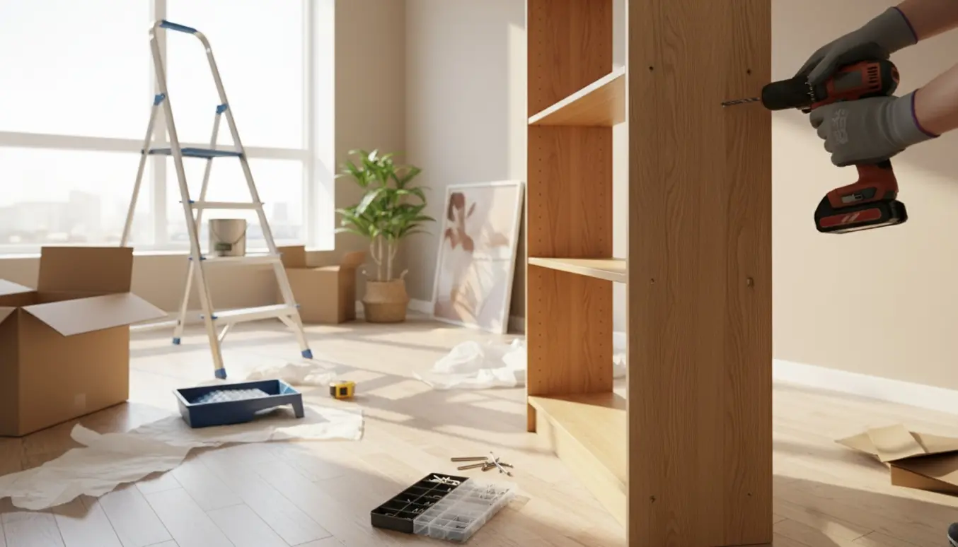 Hænder monterer en reol i en ny bolig med værktøj og flyttekasser omkring.