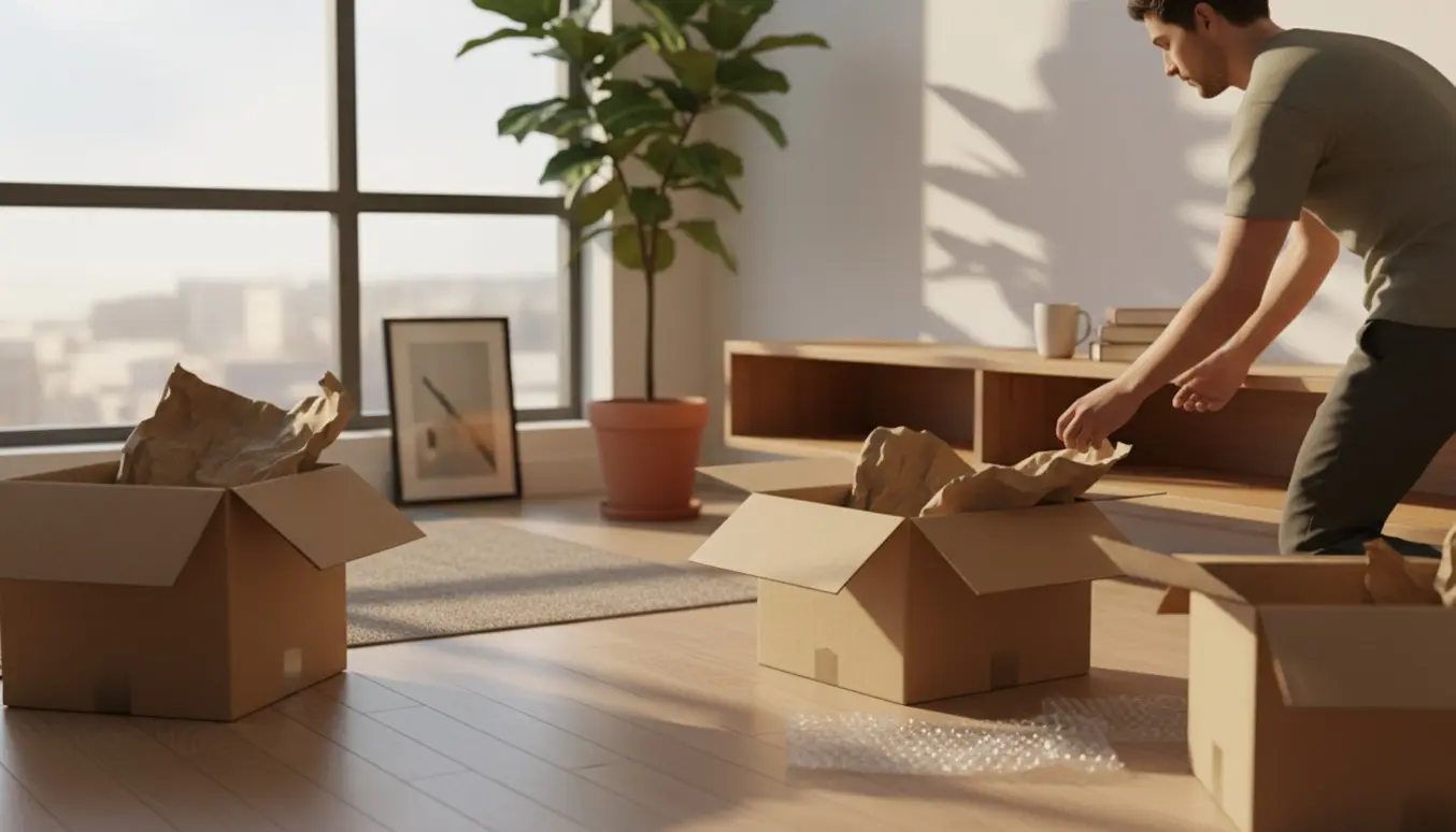 Udpakning af flyttekasser indendørs, hænder sætter ting på en hylde i et lyst rum.