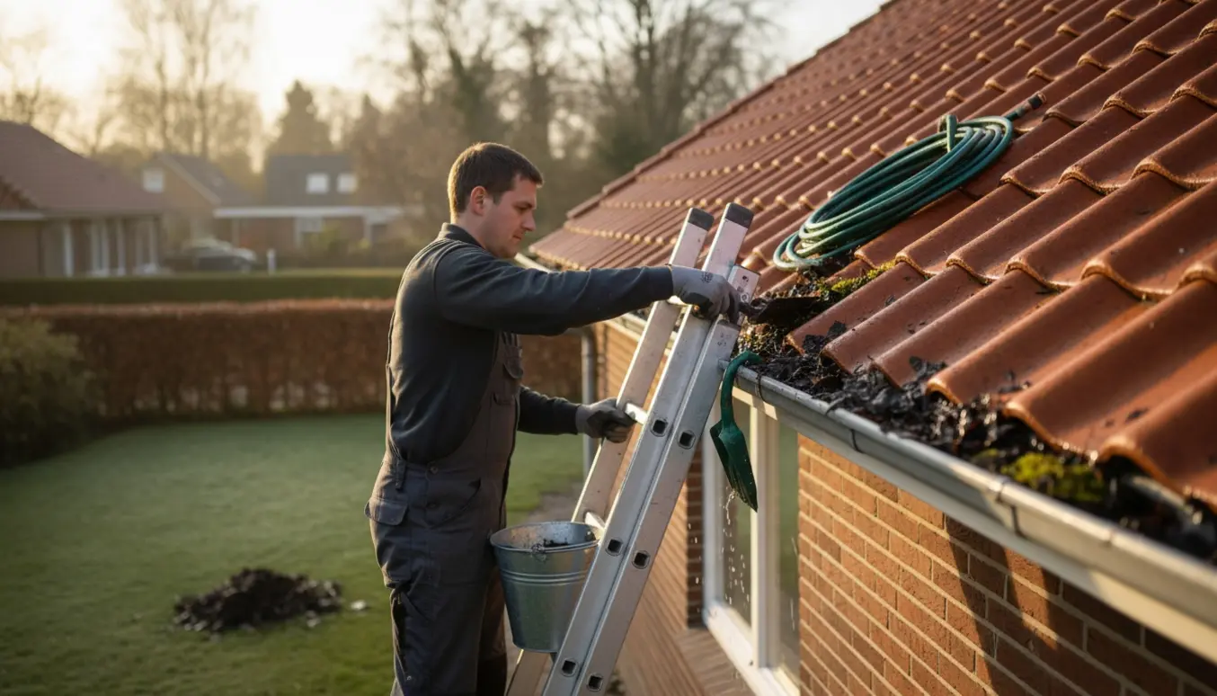 Person renser tagrender på en klassisk parcelvilla med stige, handsker og spand.