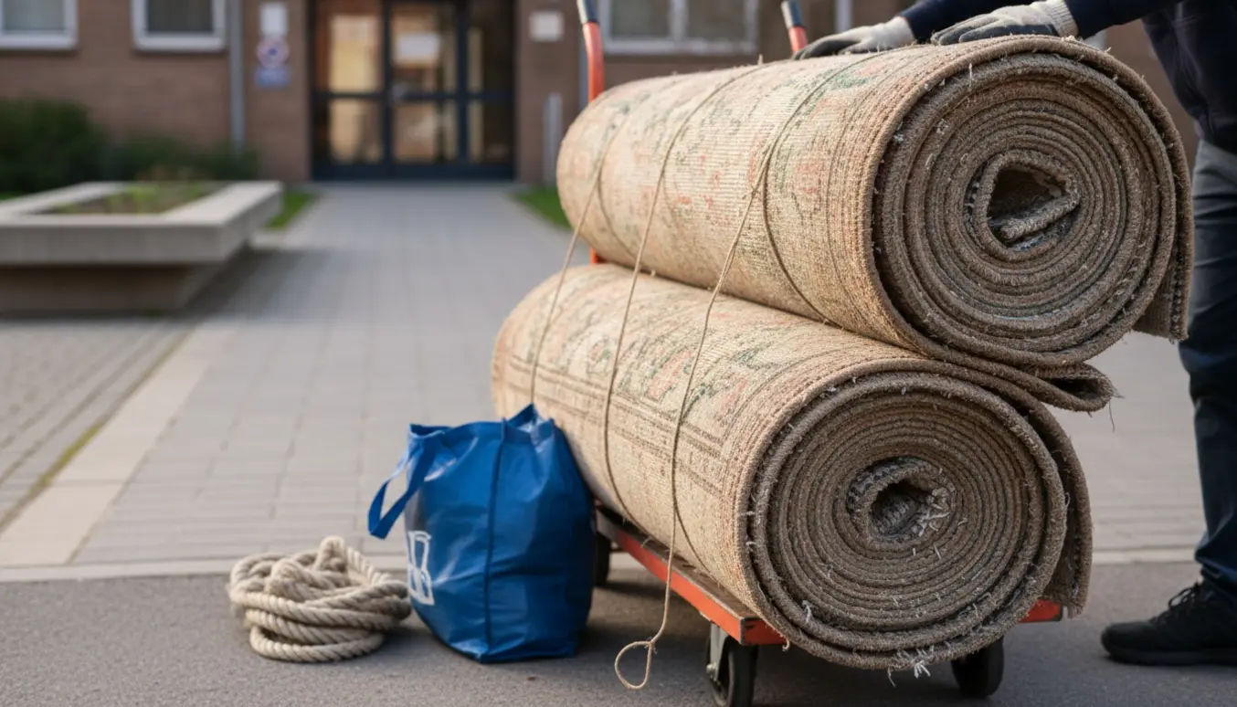 Sammenfoldede gamle tæpper bundet og klar ved fortovet til aflevering ved en fælles skraldeplads.