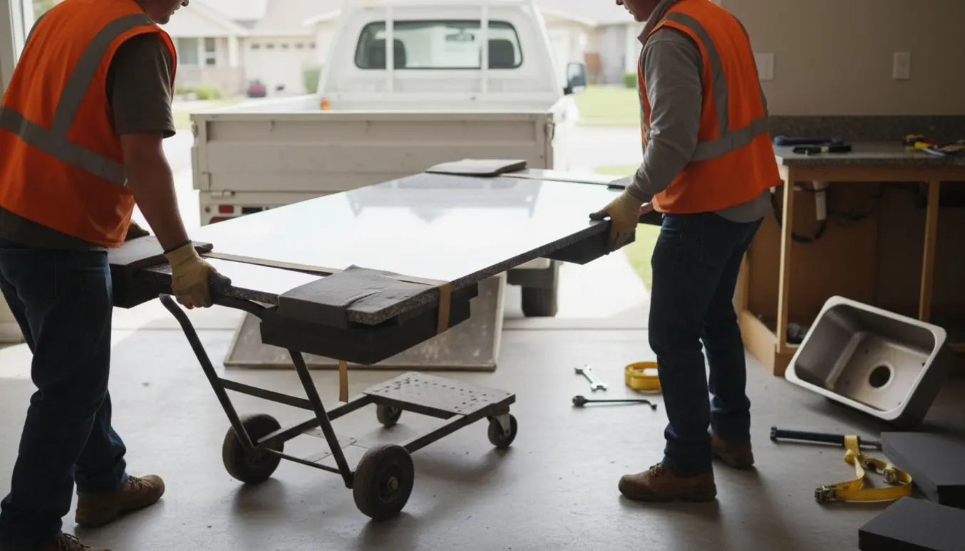 To arbejdere læsser en tung granitbordplade på en pickup ved en villa, ansigter er ikke synlige.