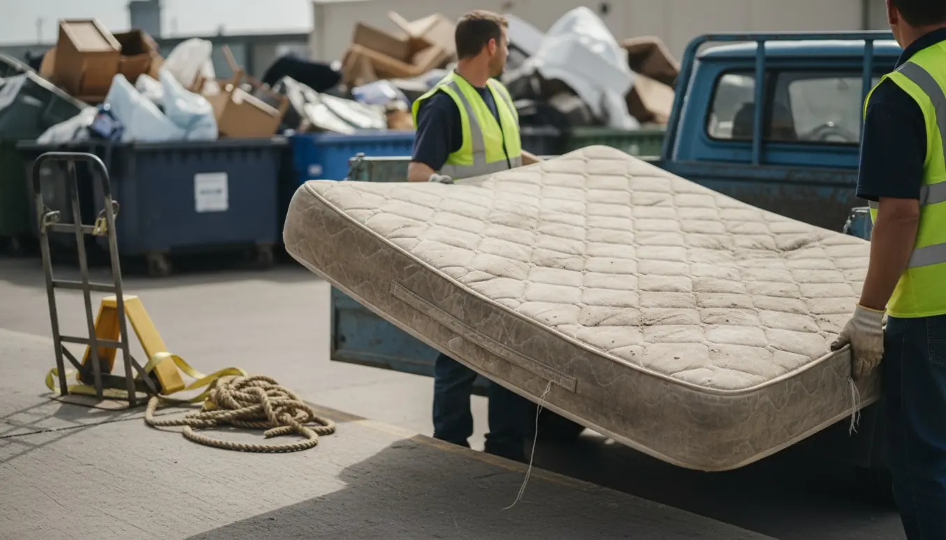 En gammel boksmadras læsses af ved en genbrugsstation, set bagfra uden synlige ansigter.