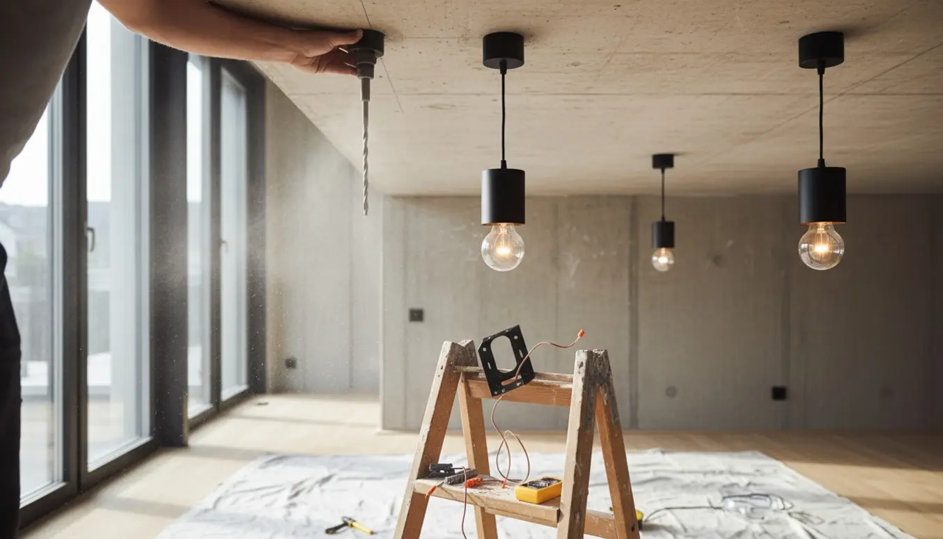 Nærbillede af hænder, der monterer pendellamper i et råt betondæk i en lys lejlighed.