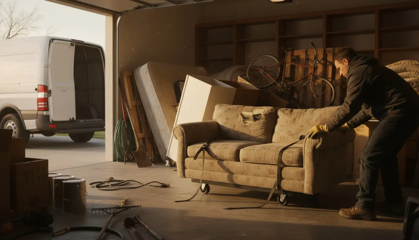 Åben garage fyldt med storskrald, hænder løfter møbler klar til afhentning.