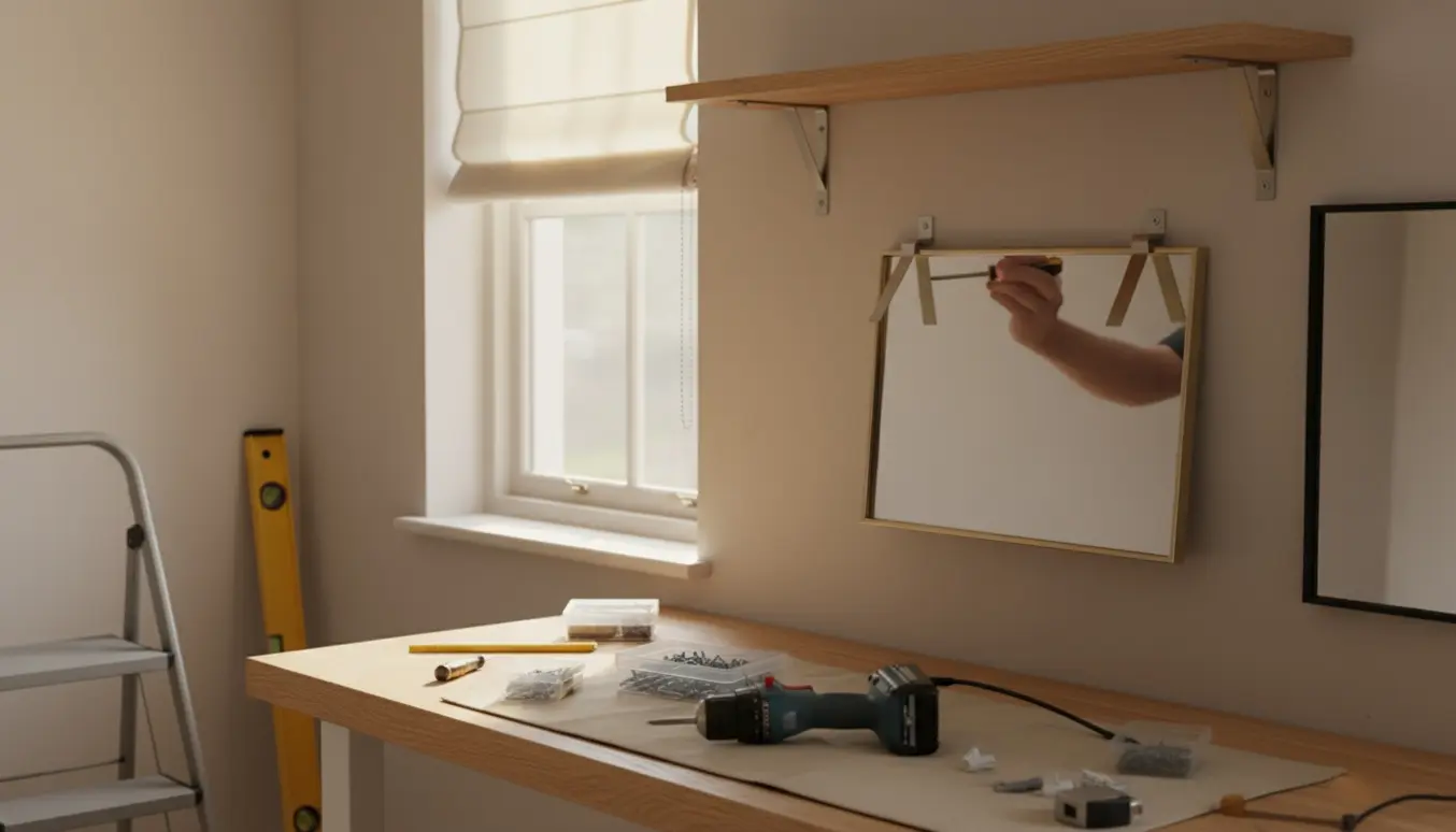 Værktøj og hænder monterer hylde og spejl over et skrivebord med et rullegardin ved vinduet.