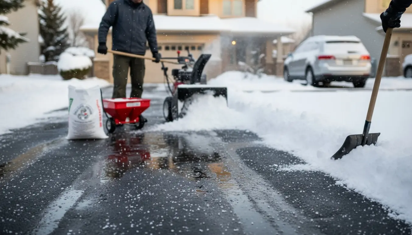 Bagfra set rydder en arbejder sne fra en indkørsel og spreder salt, med saltkorn på det våde fortov.