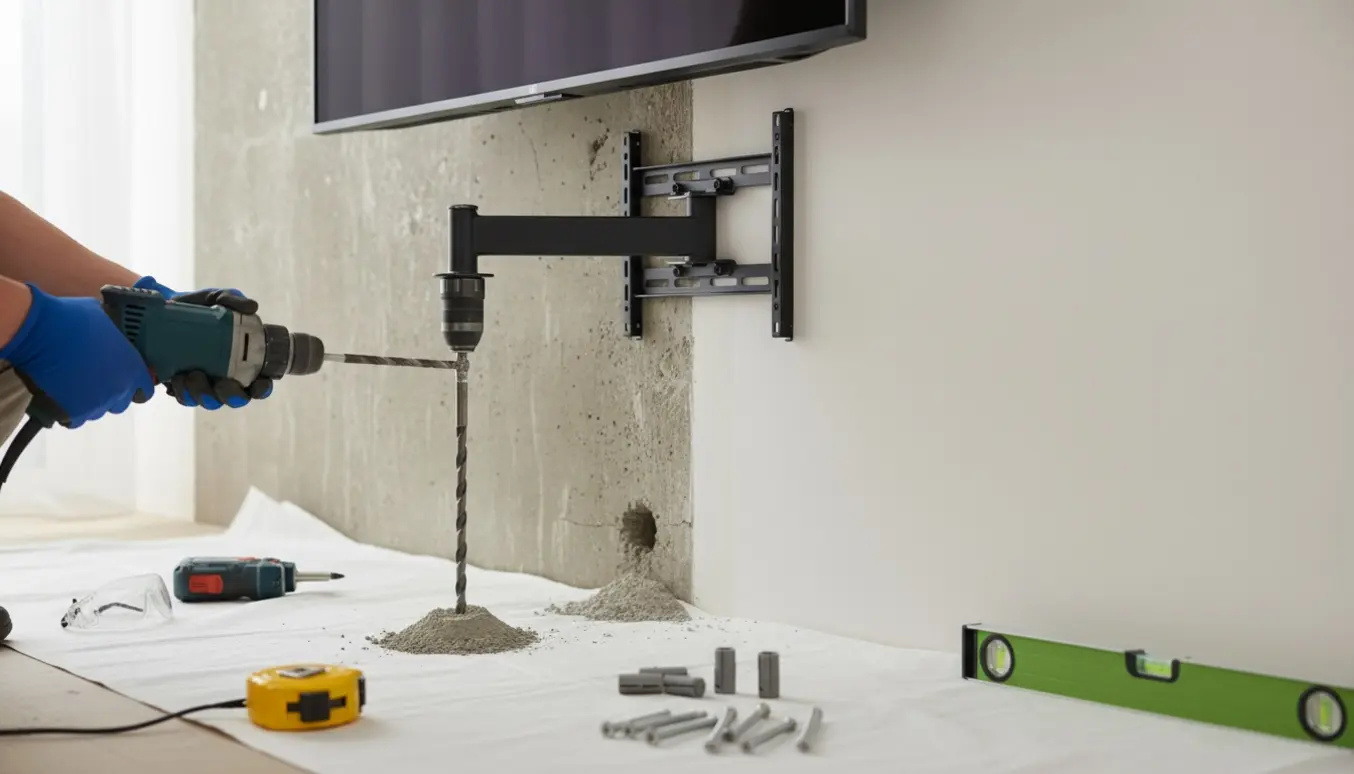 En håndværker monterer en TV-arm på en væg, med betonbor, plugs og et 37-tommers TV synligt.