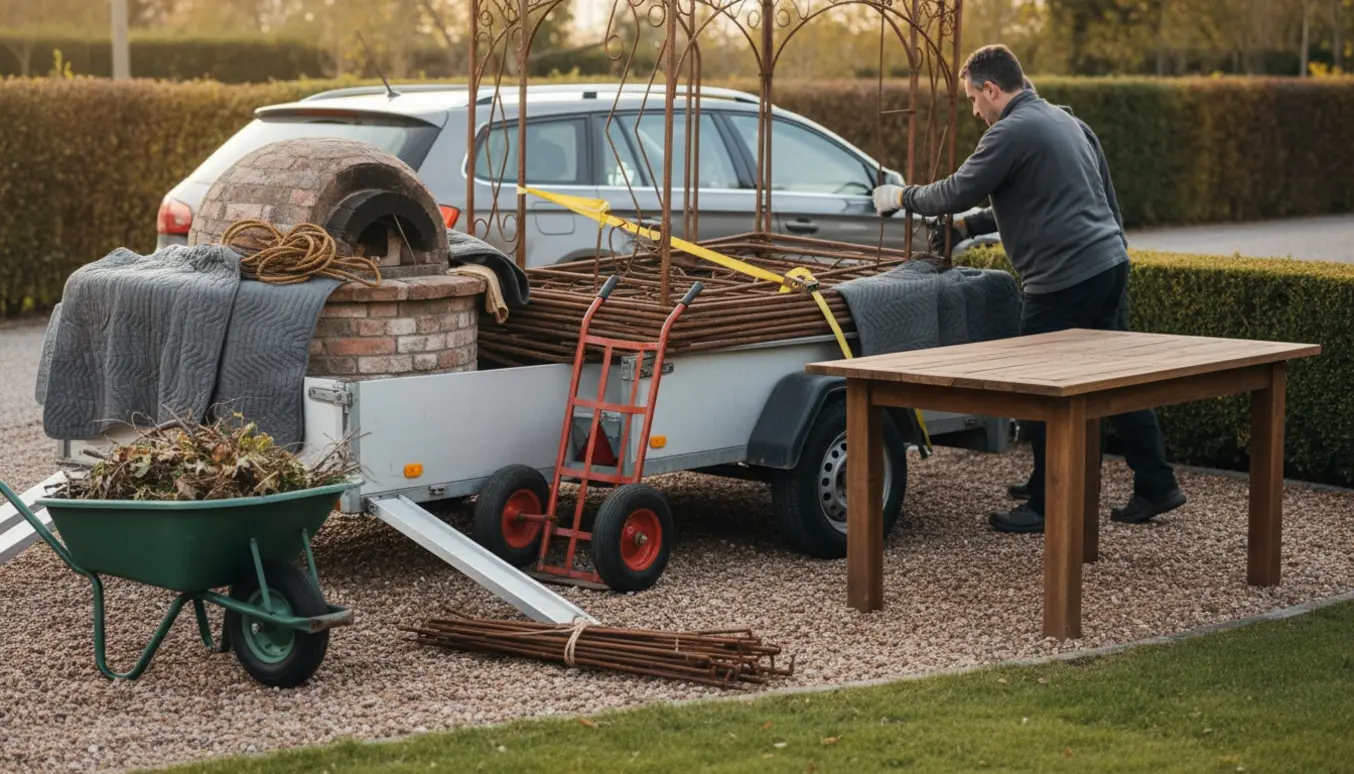 Tunge haveelementer som en jernpavillon, udendørsovn og bord læsses op på en trailer ved indkørslen.