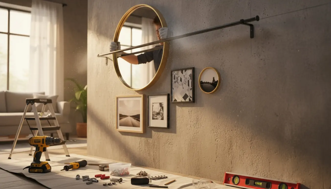 Hænder ved montering af spejl, billeder og gardinstang på en betonvæg med borehammer og værktøj.