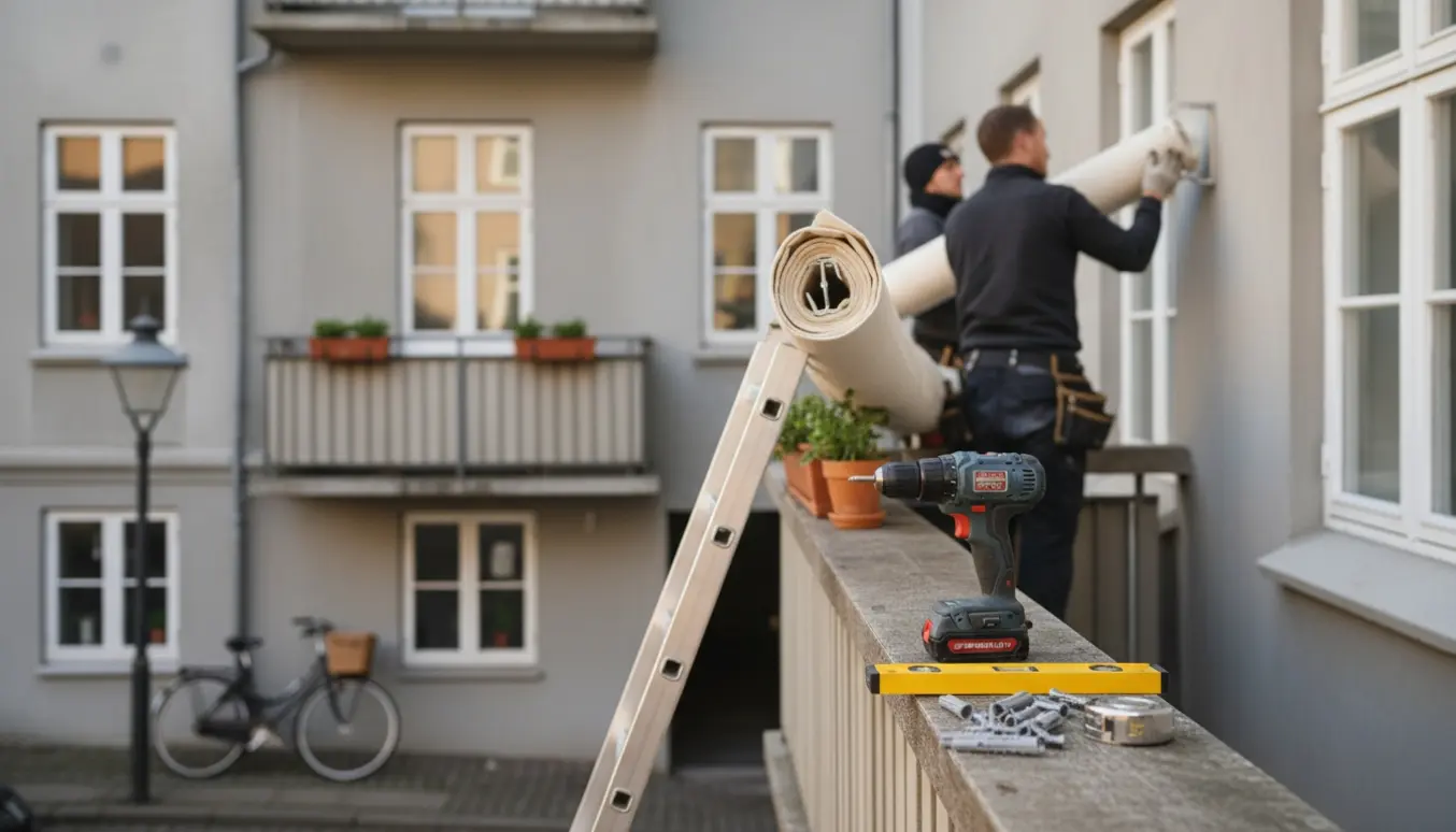 Installatører monterer en markise over en altan i Østerbro, København.