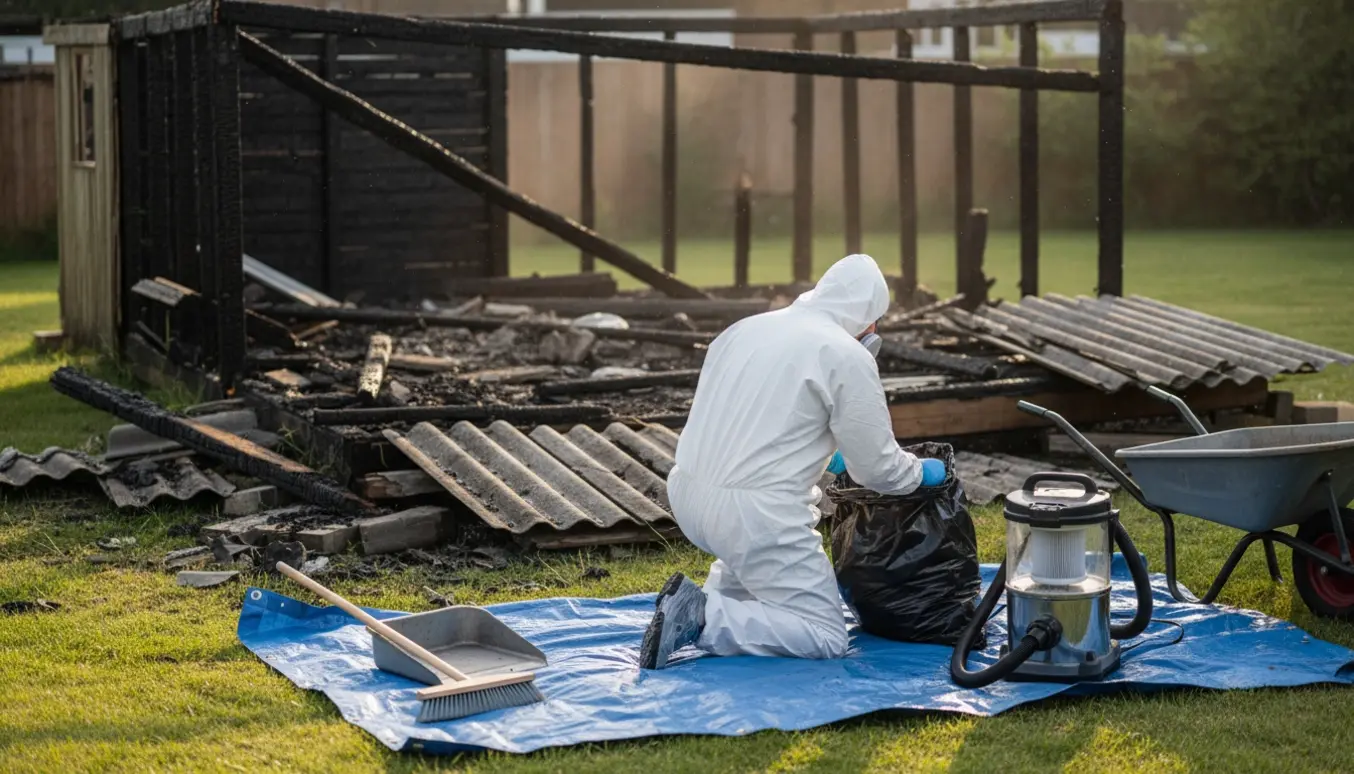 Rydning af forkullede rester og tagfragmenter i have efter udhusbrand med en person i beskyttelsesdragt.