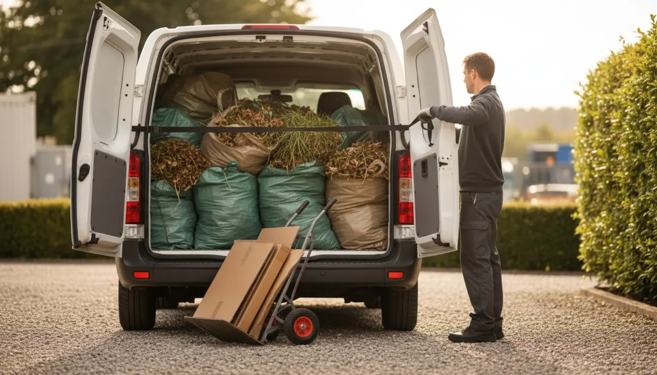 Varevogn med åben bagklap, hvor haveaffaldssække og papkasser læsses på indkørsel.