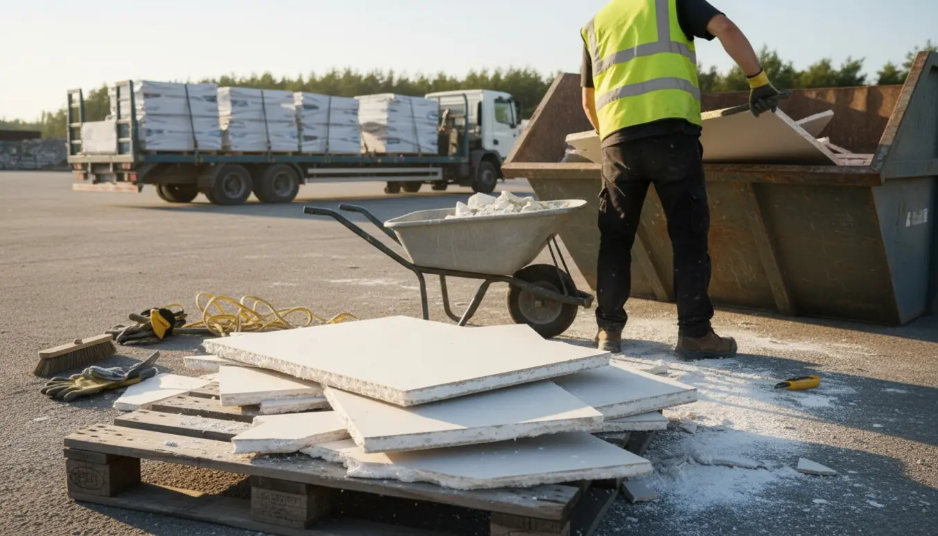 Gipsaffald læsses i en metalcontainer ved en losseplads.