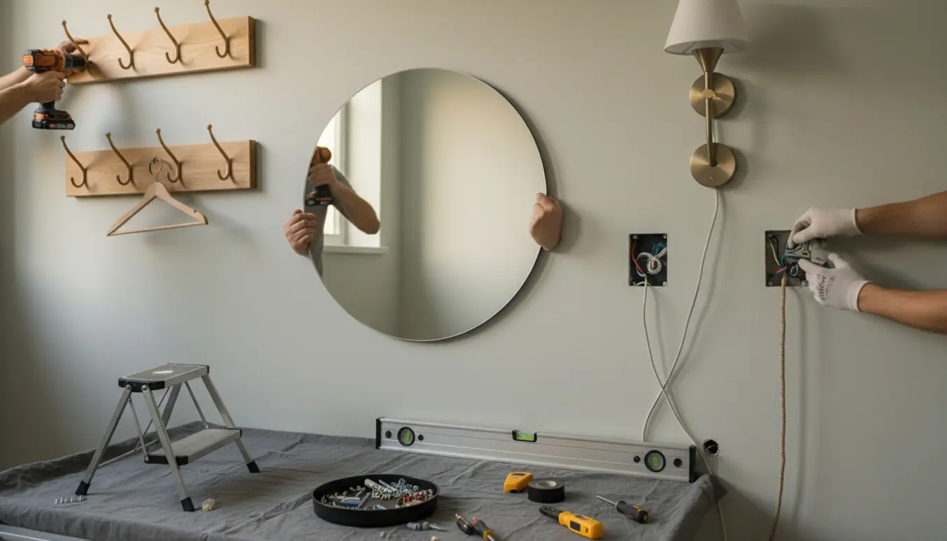 Hænder monterer to knagerækker, et spejl og tre væglamper på en væg med værktøj synligt.