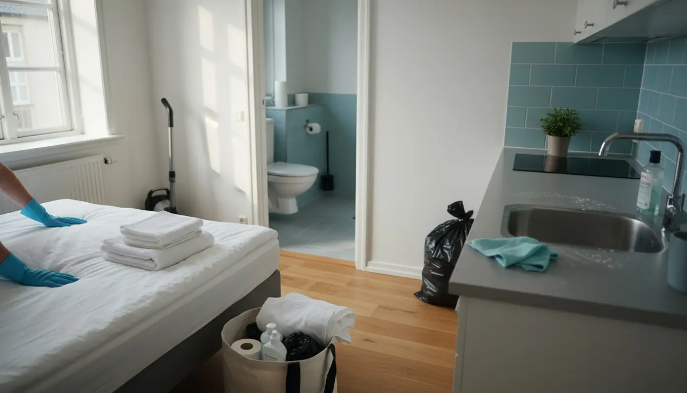 Lille københavnsk lejlighed under rengøring med nyredt seng, foldede håndklæder, pose med rengøringsartikler og et skinnende køkkenvask.