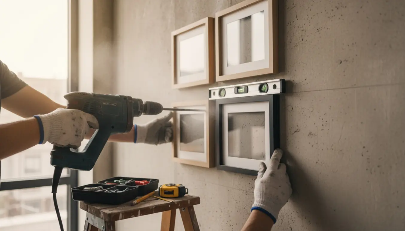 Nærbillede af hænder, der monterer seks billedrammer på en betonvæg med en slagboremaskine og værktøj i blødt dagslys.