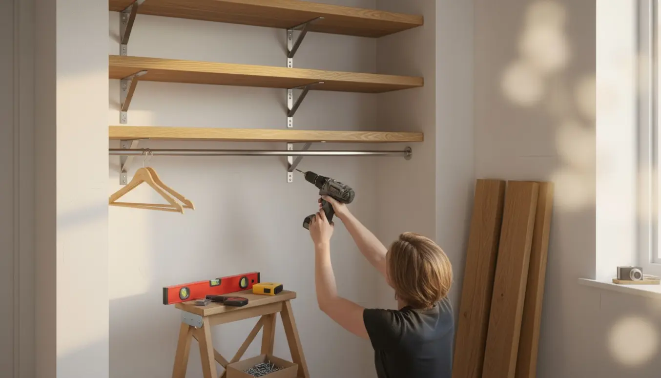 Hænder monterer fem træhylder og en garderobestang i et lyst garderobeskab.