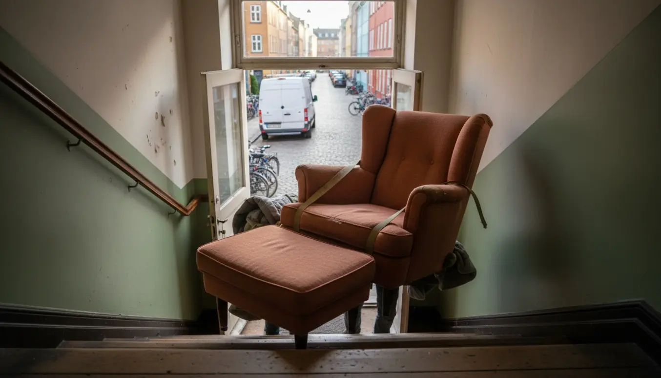 Lænestol og fodskammel bæres ud af en lejlighed på Nørrebro mod en varevogn på en brostensgade.