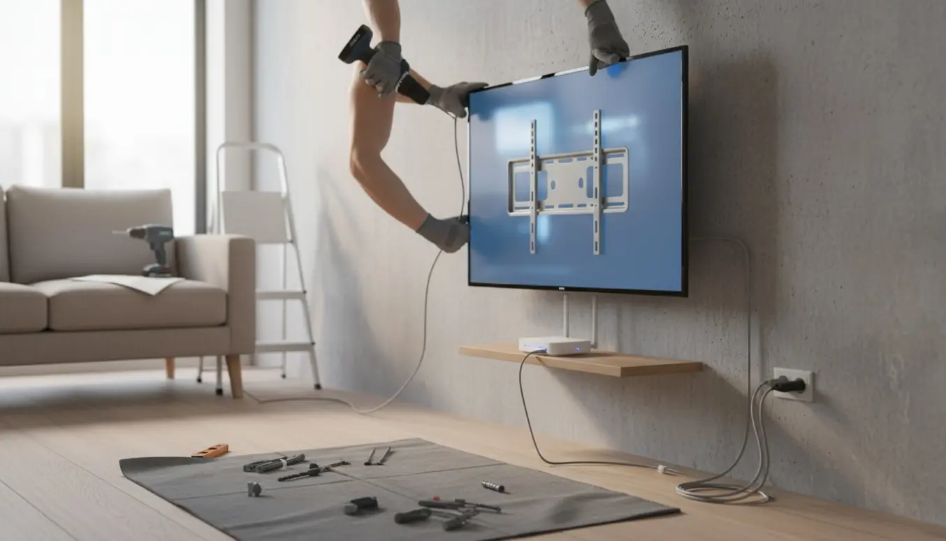 Tekniker monterer et 55″ TV på en betonvæg med værktøj, router og kabler synlige.