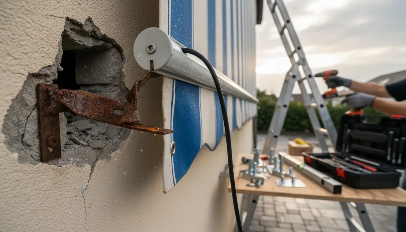 Nærbillede af et ødelagt markisebeslag ved en husmur med værktøj og en stige klar til reparation.