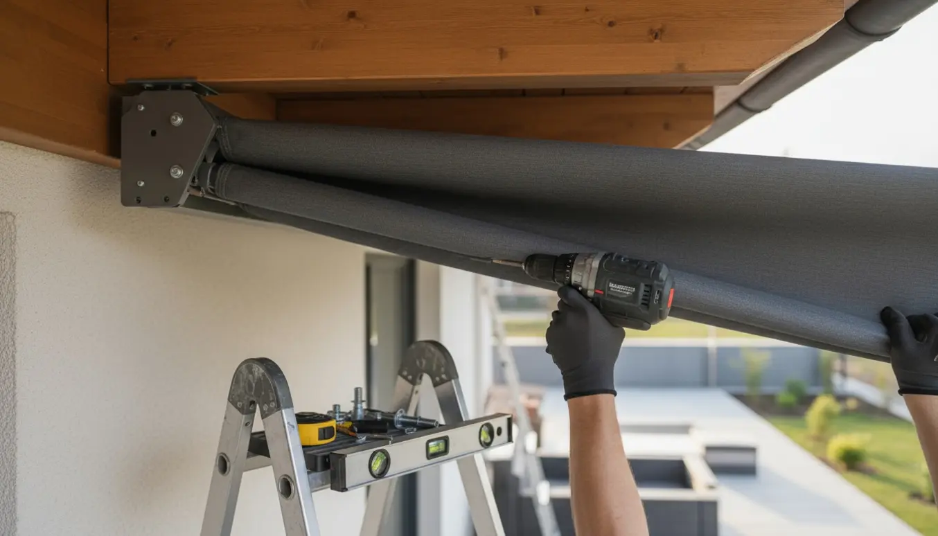Installatør monterer en elektrisk markise under husets udhæng med værktøj og beslag.